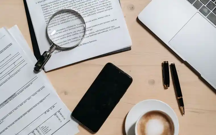 돋보기와 서류, 노트북이 놓인 책상 위 풍경